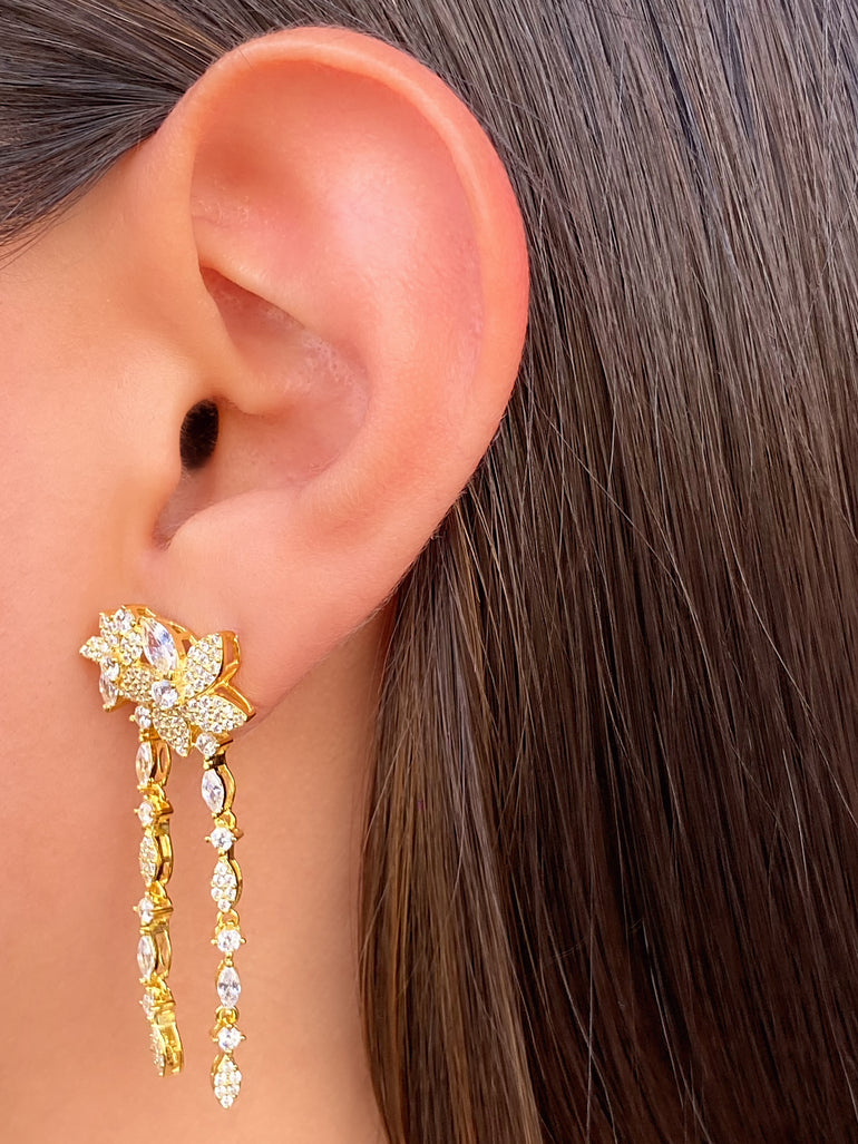Par Arete Doble Flor Cinco Petalos Con Zirconias