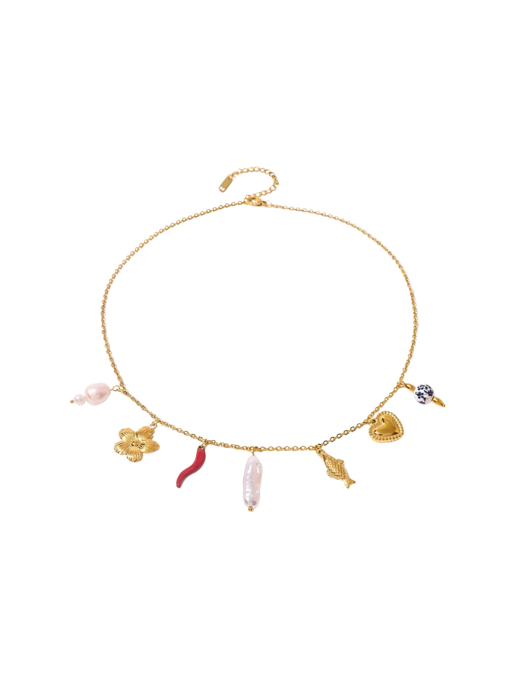Collar Delgado Con Dijes Flores, Perlas y Corazon