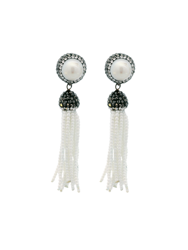 Par Arete Perla Barroca Con Tiras Pedreria Blanco Plateado