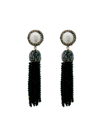 Par Arete Perla Barroca Con Tiras Pedreria Negro