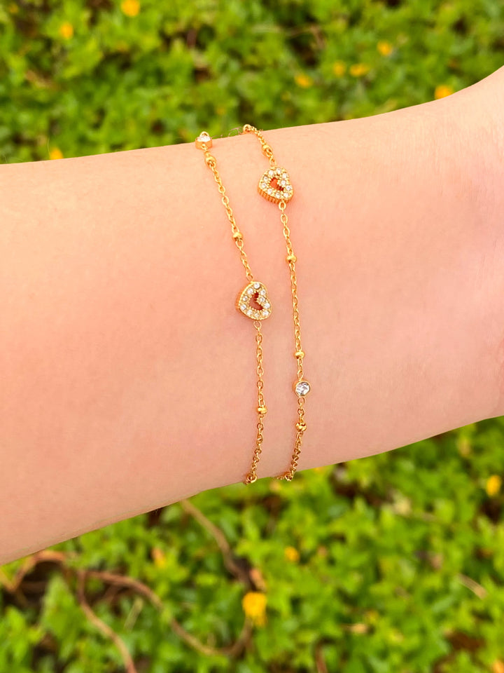 Pulsera Doble Con Corazones y Zirconias