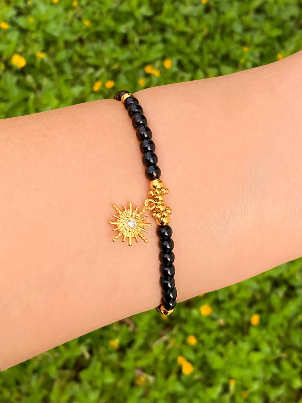 Pulsera Bolitas Piedra Negra Con Dije