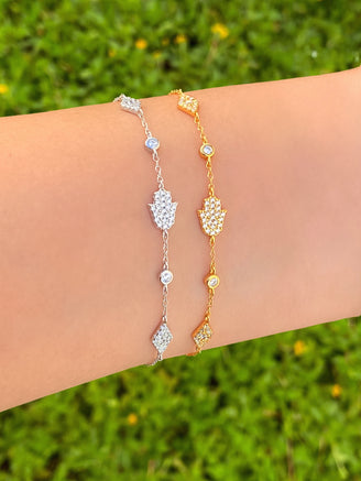 Pulsera Mano De Fatima y Ojos Con Zirconia