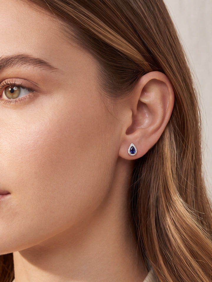 Par Arete Zafiro Corte Pera Con Halo De Diamantes 1.05 CTTW