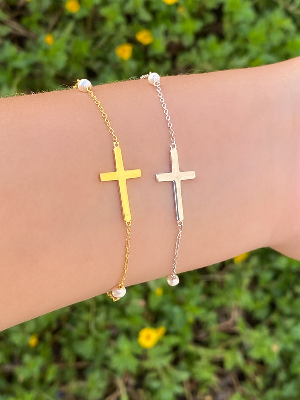 Pulsera Cruz Con Cuatro Perlitas