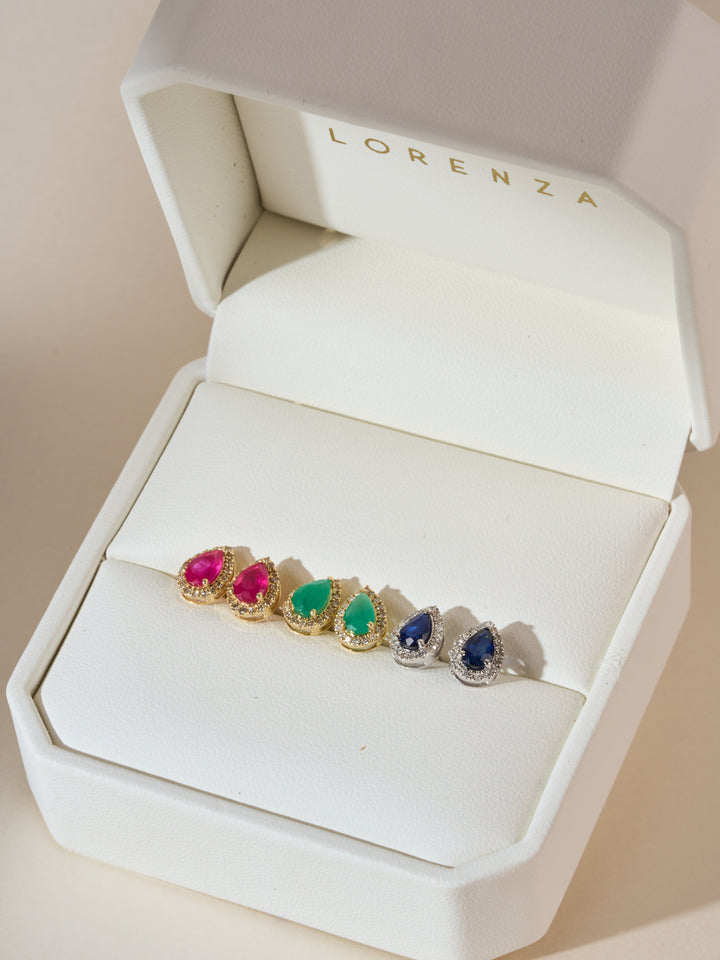 Par Arete Zafiro Corte Pera Con Halo De Diamantes 1.05 CTTW