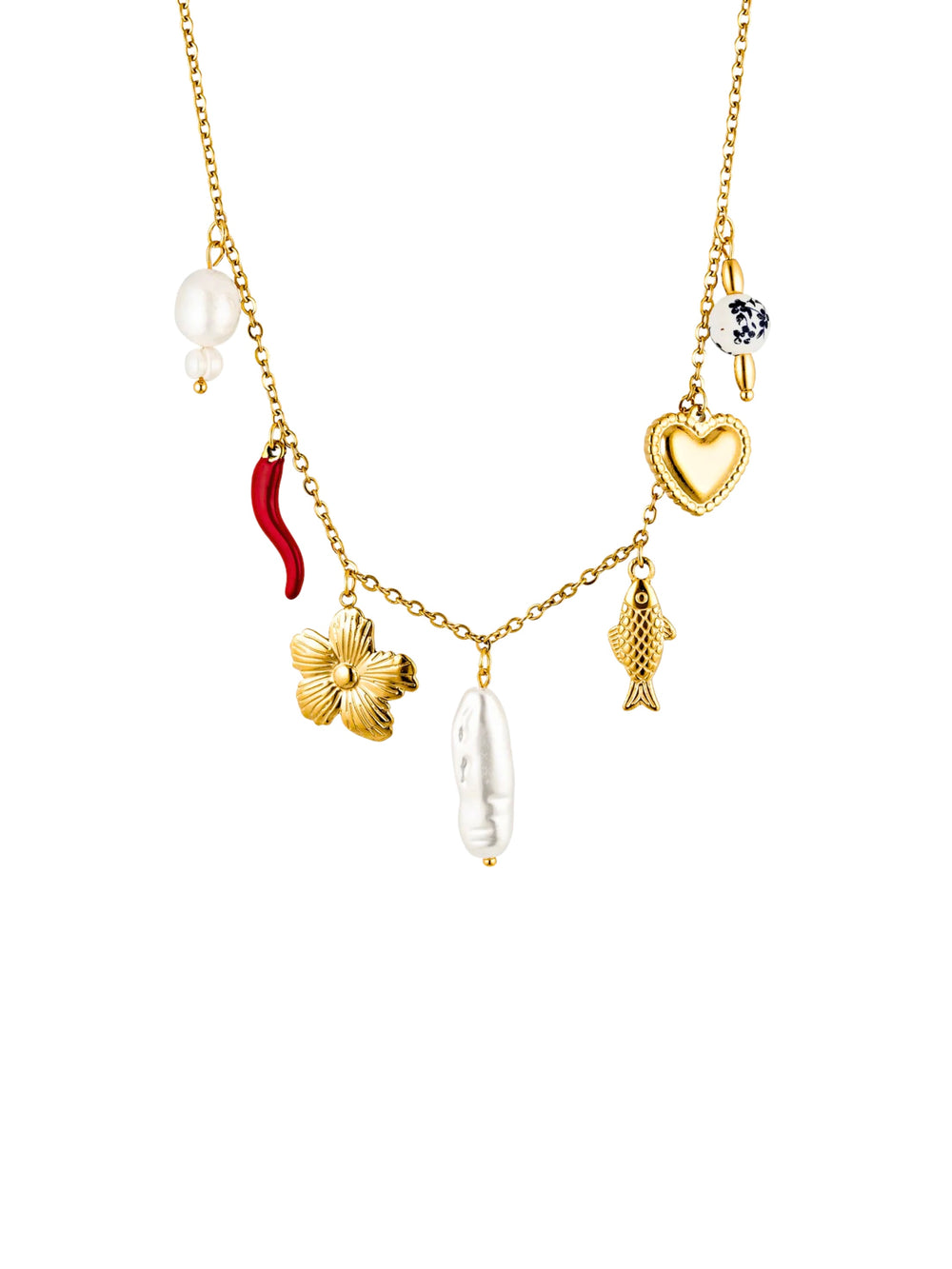 Collar Delgado Con Dijes Flores, Perlas y Corazon