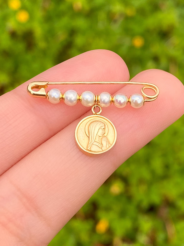 Segurito Con Perlas y Virgen Maria Oro 14k