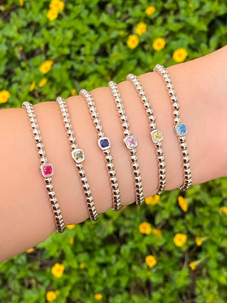 Pulsera Plateada Bolitas Birthstone Cuadrado