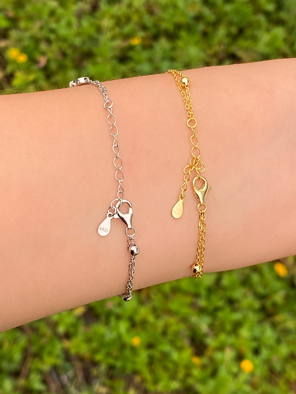 Pulsera Doble Cadena Bolitas Con Corazon