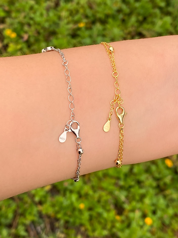 Pulsera Doble Cadena Bolitas Con Corazon