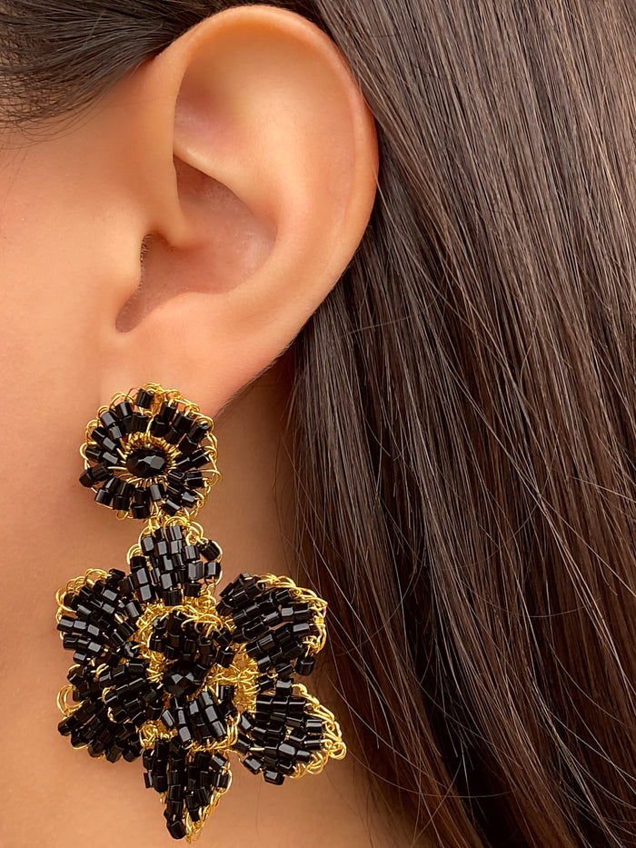 Par Aretes Con Flor Piedras Negras