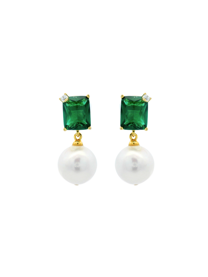 Par Arete Zirconia Cuadrada Verde Con Perla