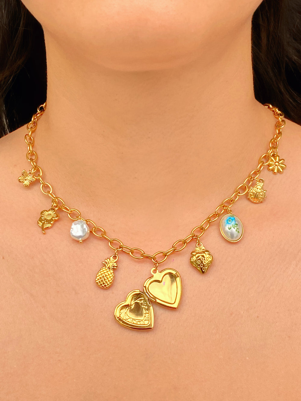 Collar Eslabon Ovalado Corazon Relicario y Frutas