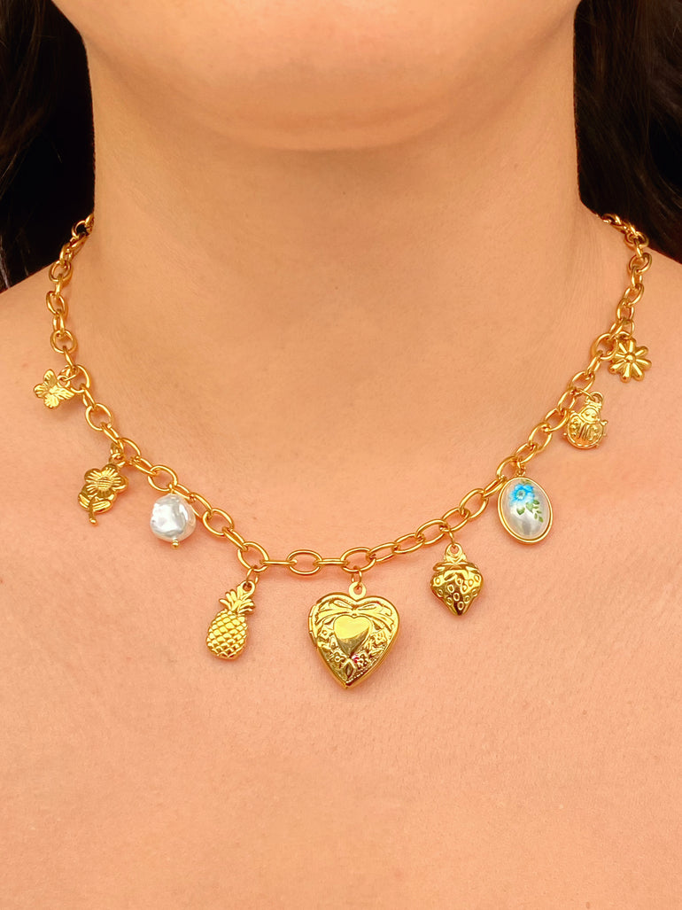 Collar Eslabon Ovalado Corazon Relicario y Frutas