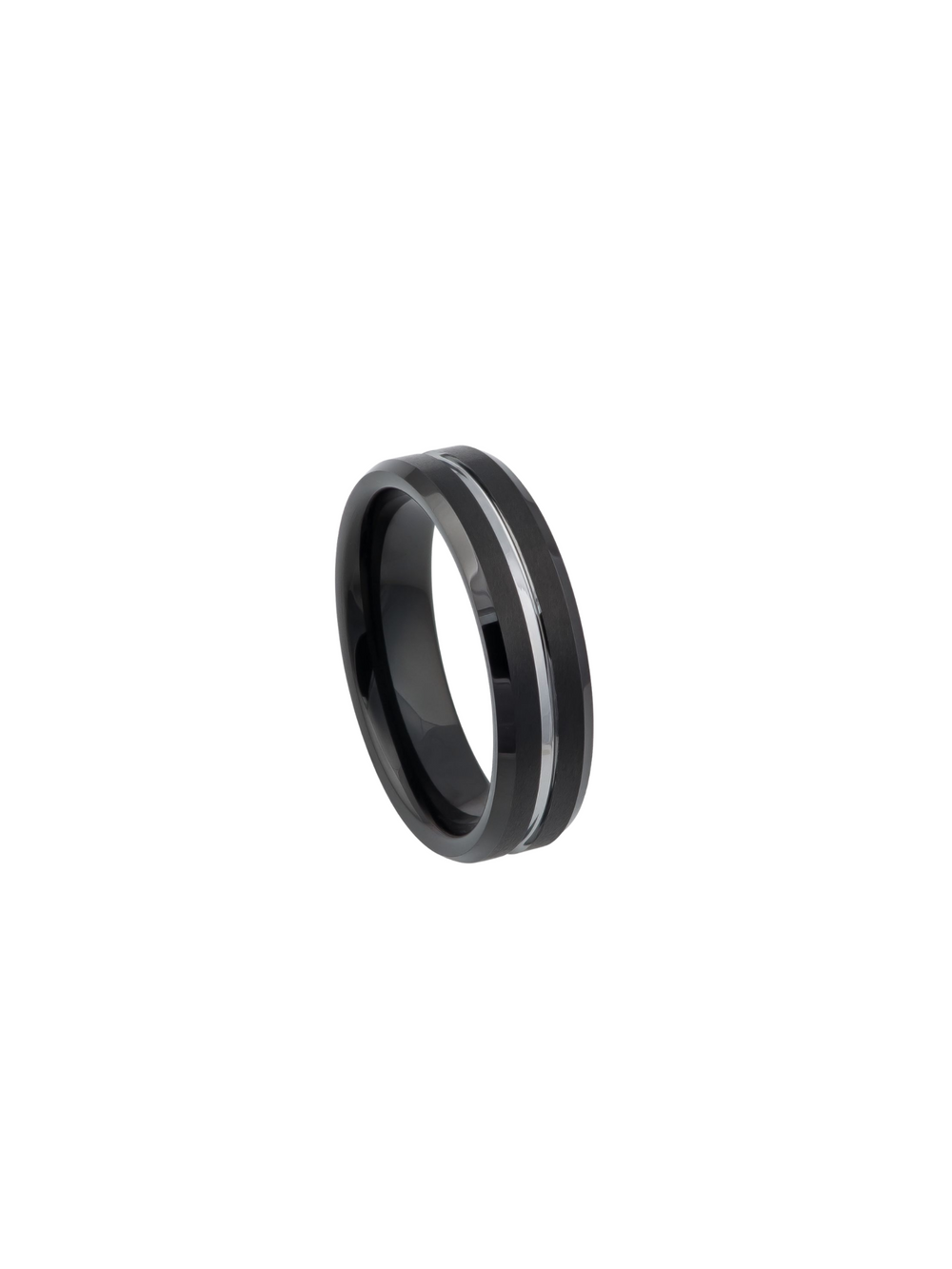 Anillo Negro Cepillado con Tira Plateada