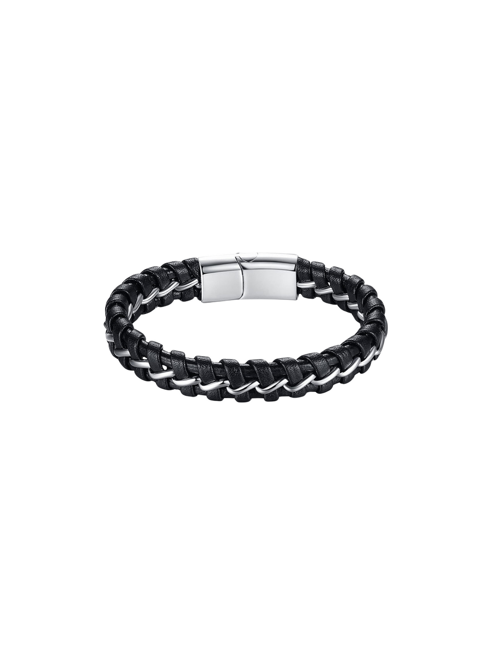Brazalete Cuero Con Trenzado Central Plateado