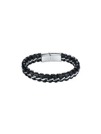 Brazalete Cuero Con Trenzado Central Plateado