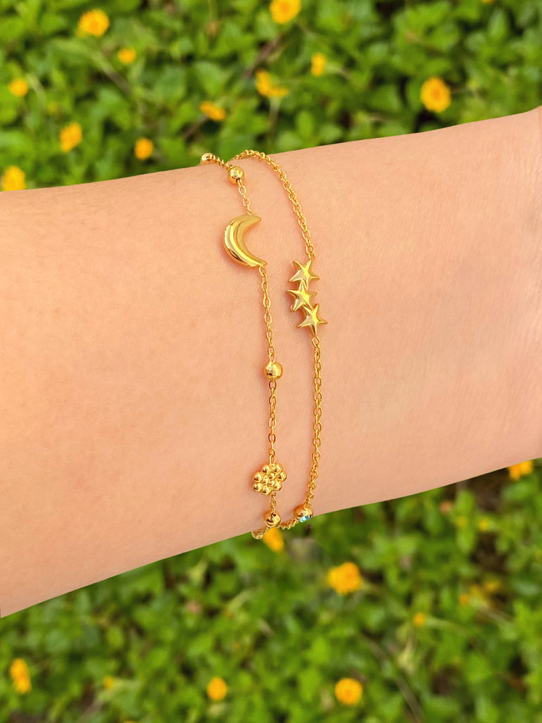 Pulsera Doble Con Tres Estrellas Y Bolitas