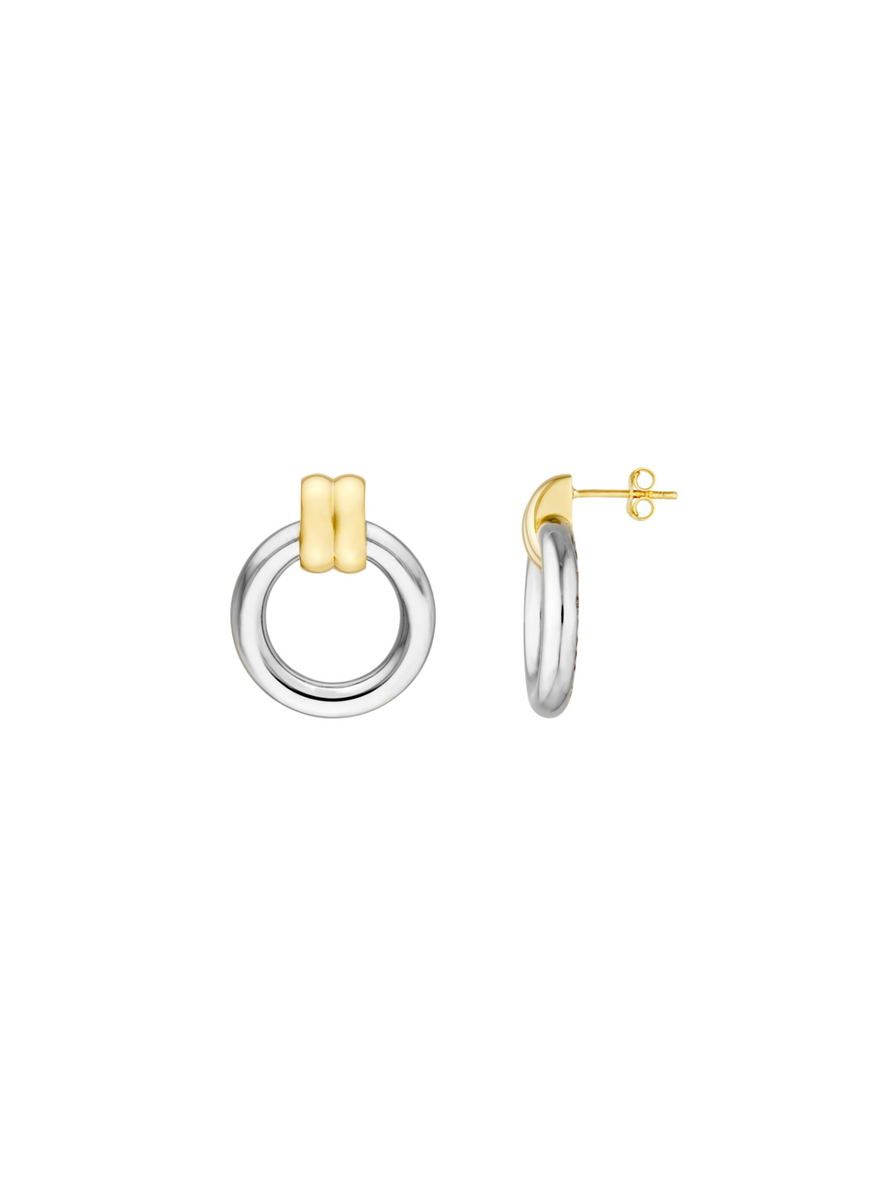 Par Arete Combinado Doble Linea Con Circulo Oro 14k