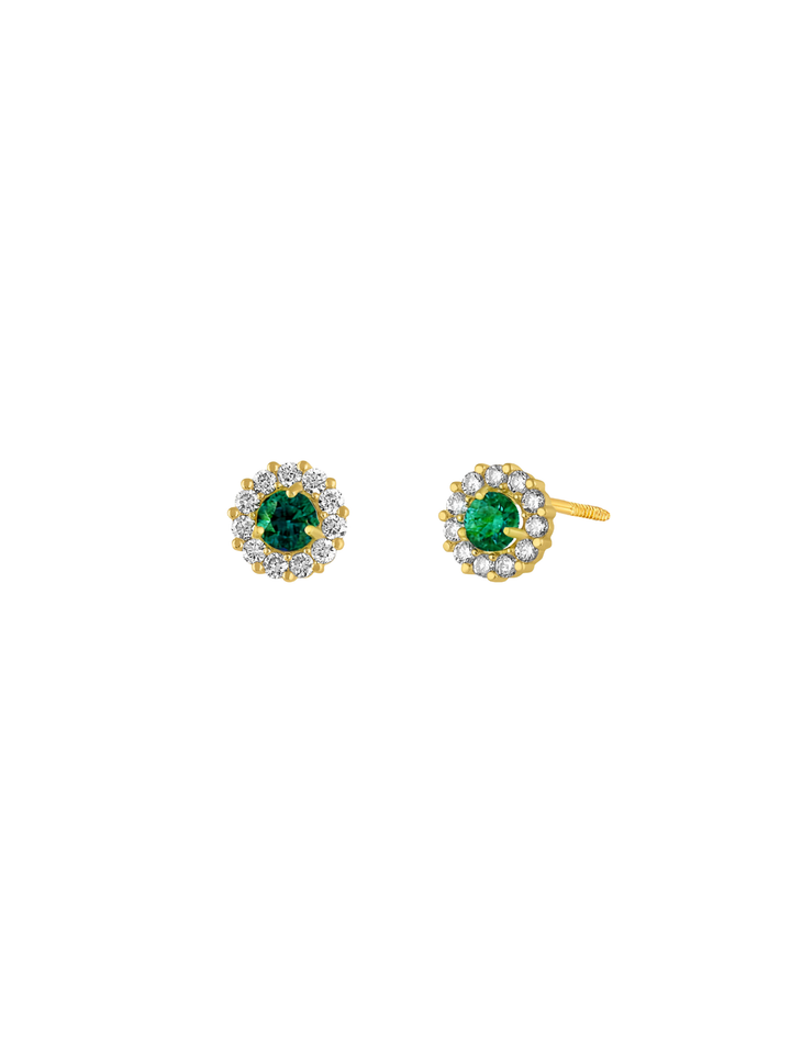 Arete Broquel Zafiro y Esmeralda Con Halo Diamantes Oro 14k