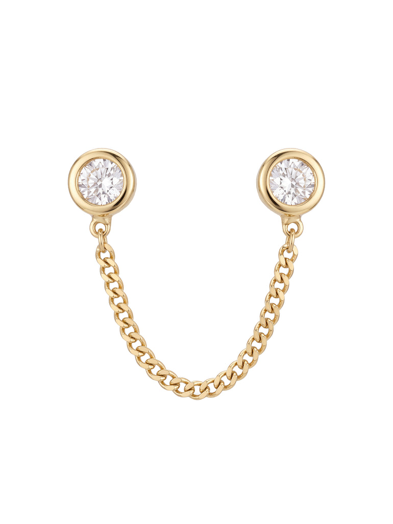 Broquel Doble Zirconia Bisel Con Cadena Oro 10k