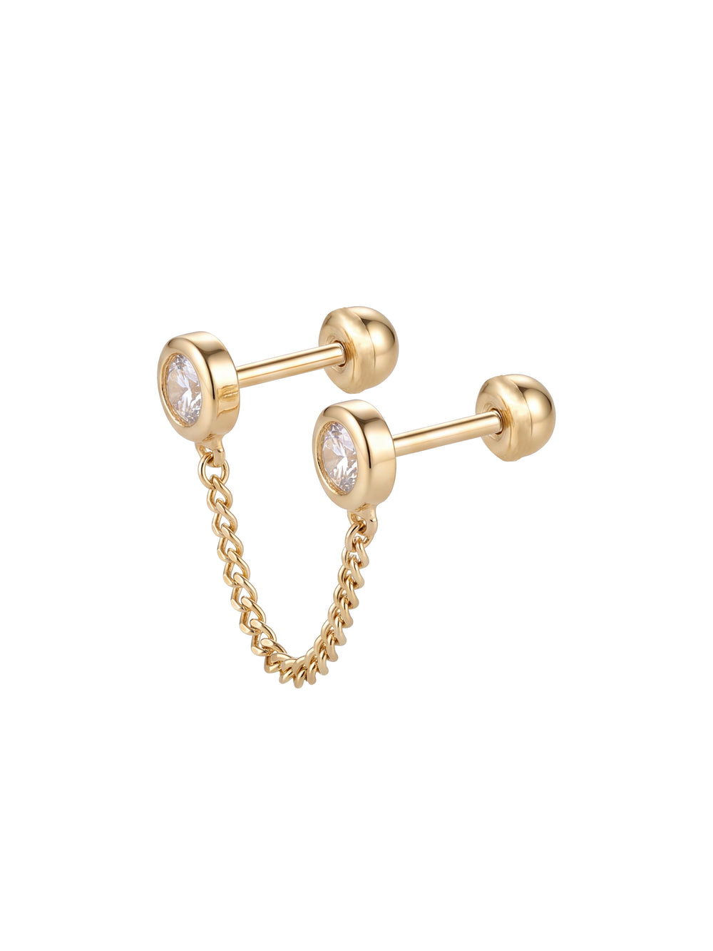 Broquel Doble Zirconia Bisel Con Cadena Oro 10k