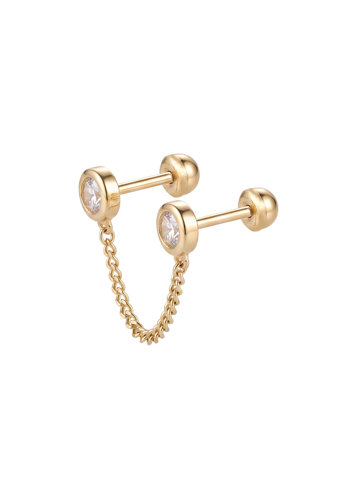 Broquel Doble Zirconia Bisel Con Cadena Oro 10k