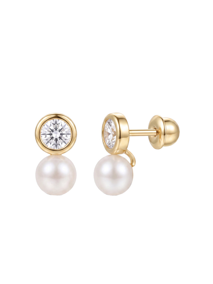 Broquel Zirconia Bisel Con Perla Oro 10k