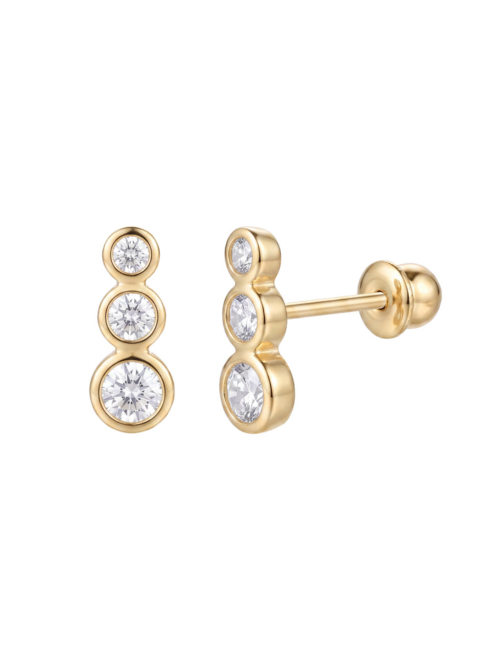 Broquel Linea Tres Zirconias Con Bisel Oro 14k
