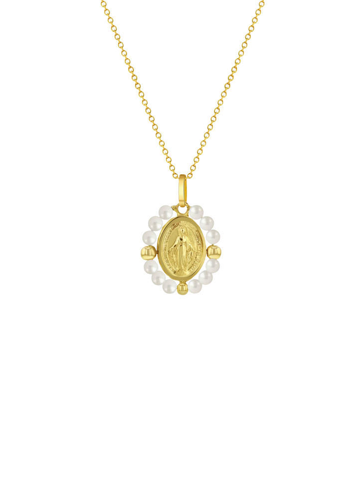 Collar Con Virgen Ovalada Con Perlitas Oro 14k