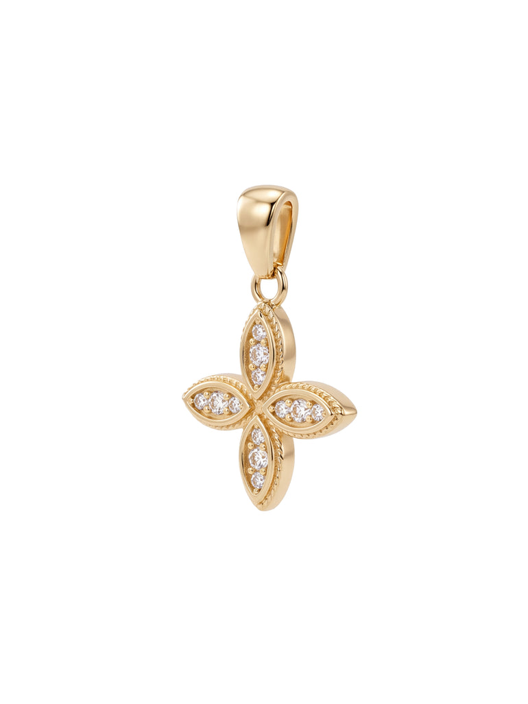 Dije Flor Cuatro Petalos Zirconias Oro 14k