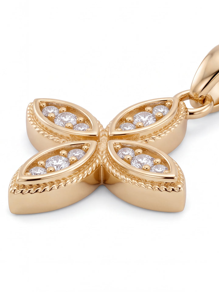 Dije Flor Cuatro Petalos Zirconias Oro 14k