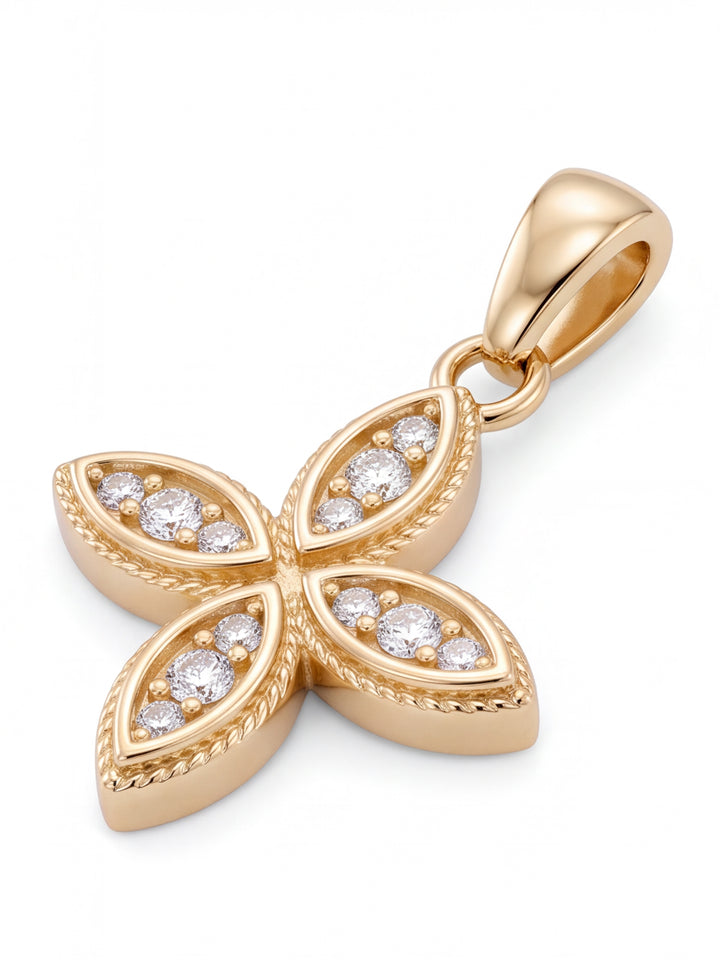 Dije Flor Cuatro Petalos Zirconias Oro 14k