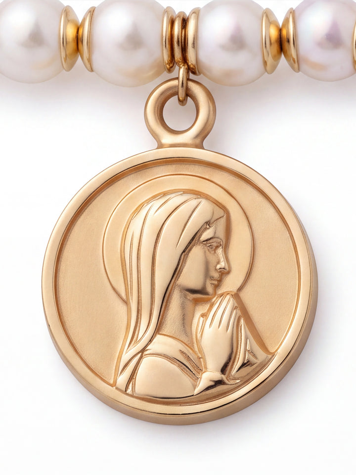 Segurito Con Perlas y Virgen Maria Oro 14k