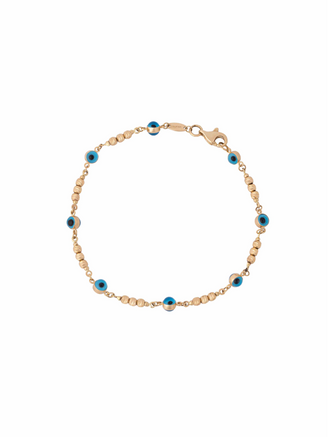 Pulsera Con Bolitas y Ojos Azules Oro 14k
