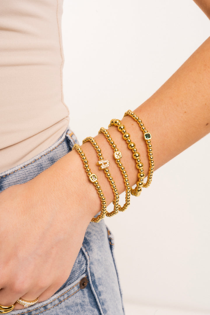 Pulsera Dorada Bolitas Birthstone Cuadrado