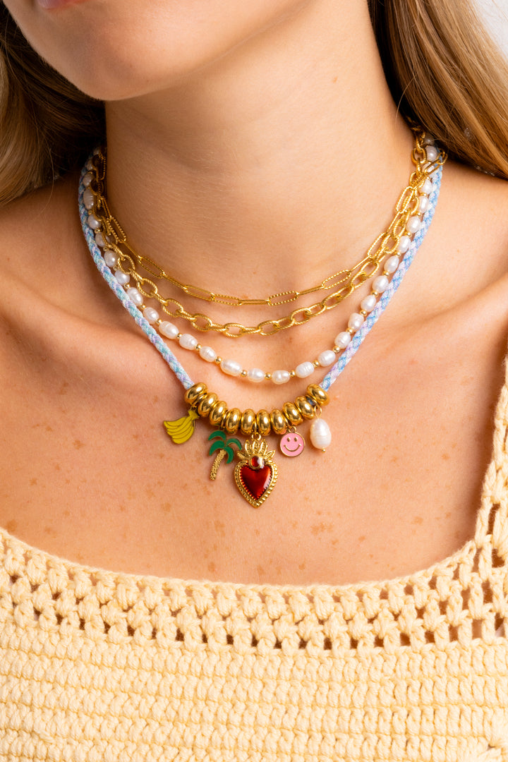 Collar Celeste y Azul Con Dije Corazon, Palmera