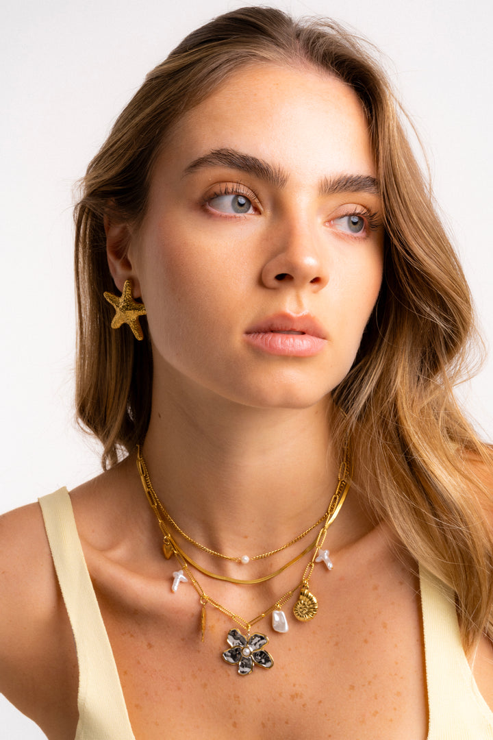 Collar Eslabones Dije Flor, Perla Y Pez