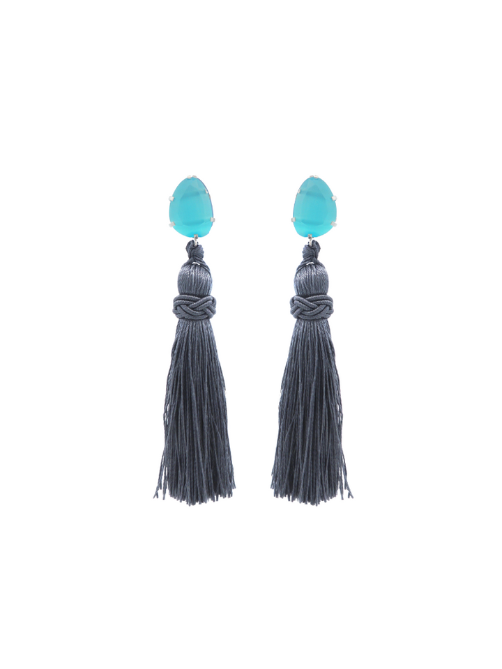 Par Arete Mini Ojo de Gato Celeste Con Colgante Gris