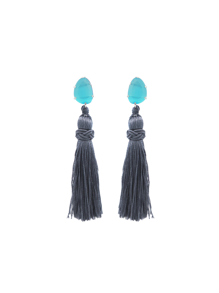 Par Arete Mini Ojo de Gato Celeste Con Colgante Gris