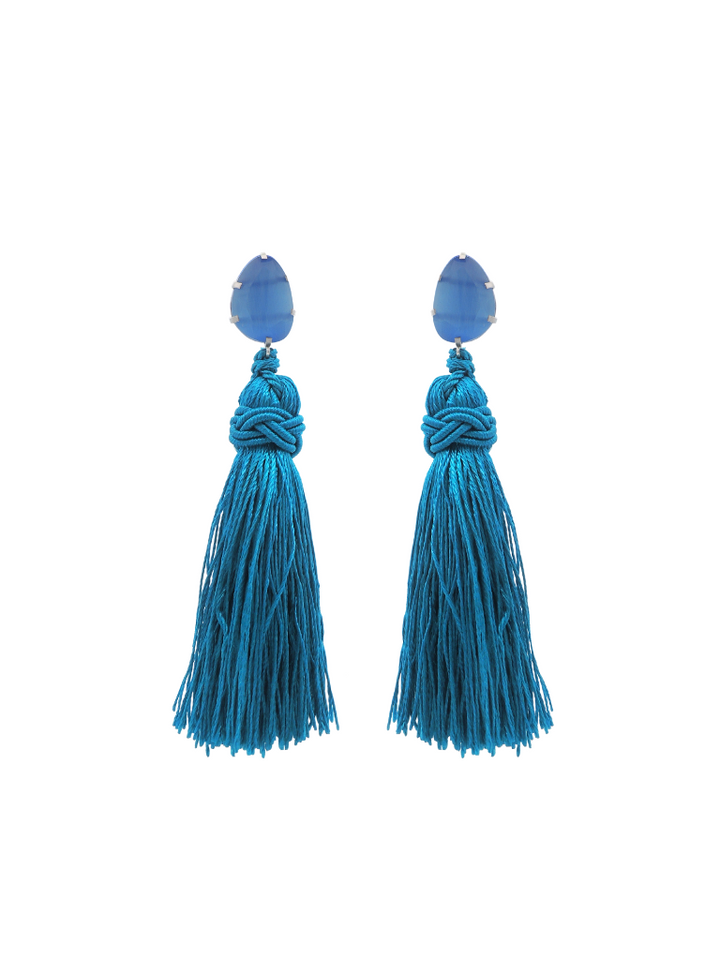 Par Arete Mini Ojo de Gato Con Colgante Celeste