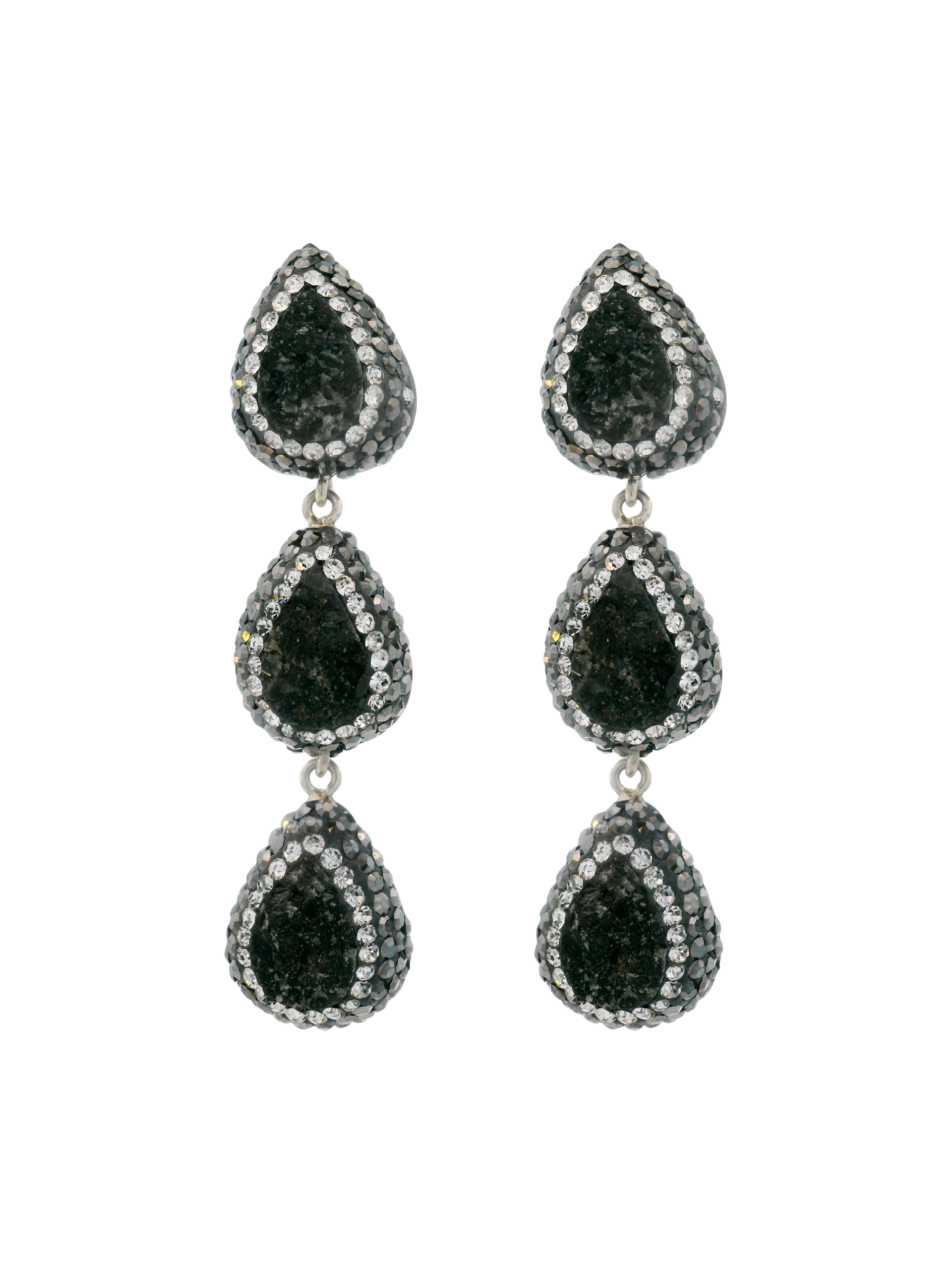 Par Arete Triple Gota Cuarzo Negro