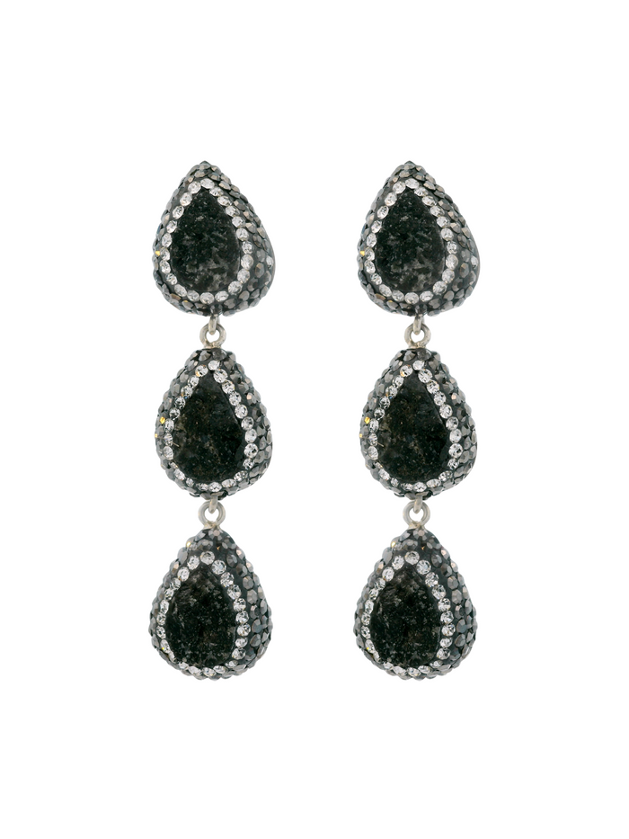 Par Arete Triple Gota Cuarzo Negro