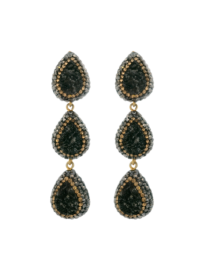 Par Arete Triple Gota Cuarzo Negro