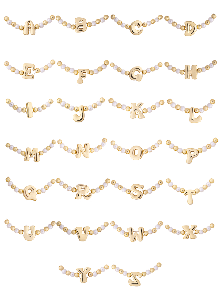 Pulsera Bolitas Doradas y Perlas Con Inicial