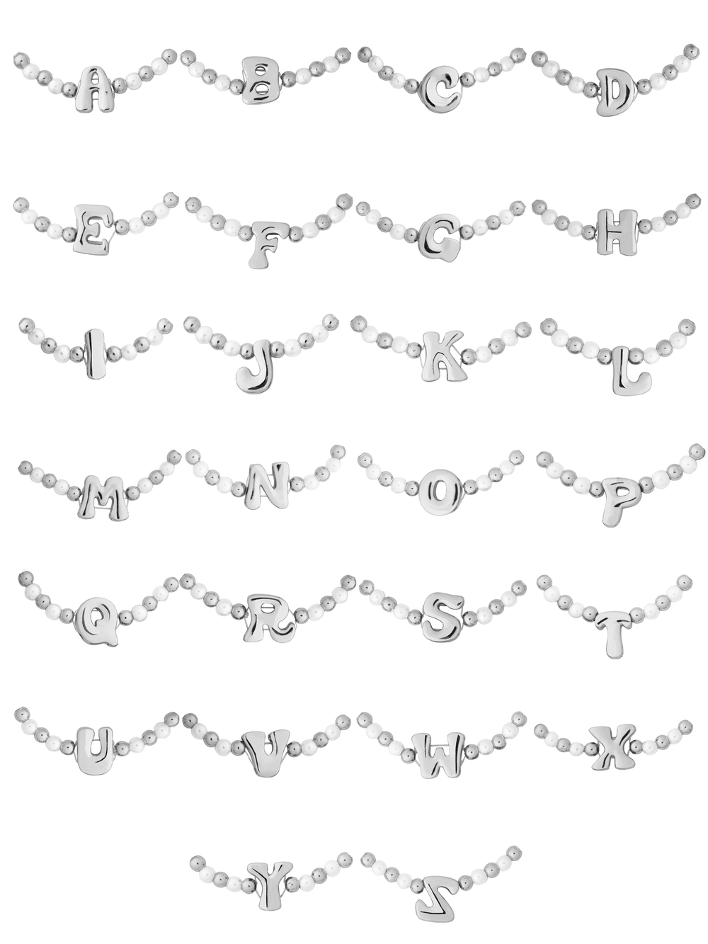 Pulsera Bolitas Plateadas y Perlas Con Inicial