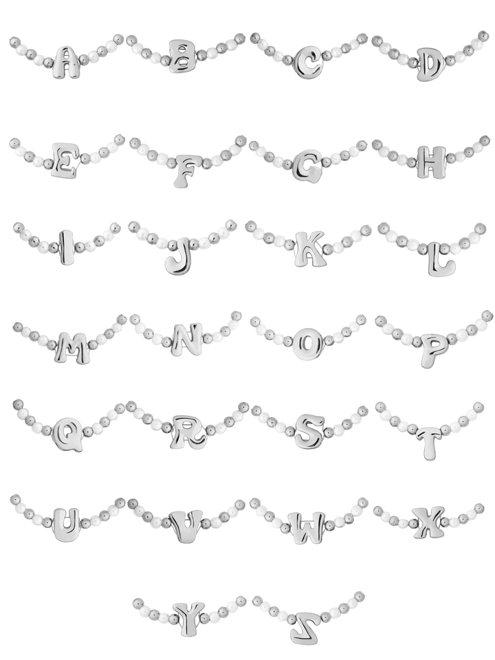 Pulsera Bolitas Plateadas y Perlas Con Inicial