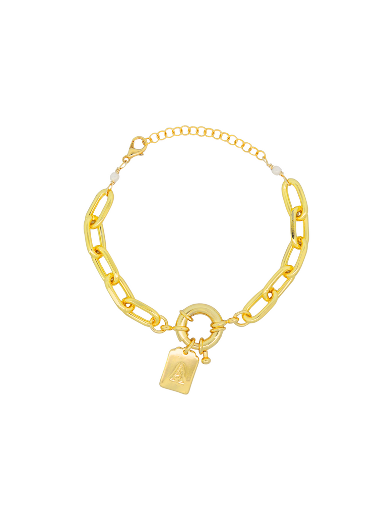 Pulsera Eslabón Dorado Timon Con Placa Inicial