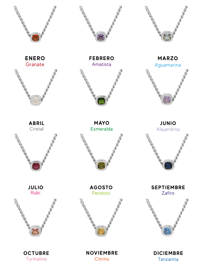Collar Birthstone Cuadrado Plateado